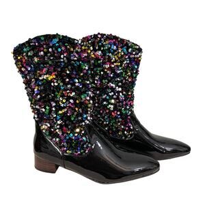 Women's Boots 10 Patent Leather Block Heel Pointed Toe Multi Sequins Black NWOT